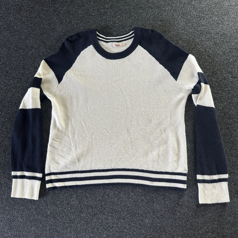 Faherty Organic Cotton Cashmere Waffle Knit Raglan Sweater Navy Cream Womens L